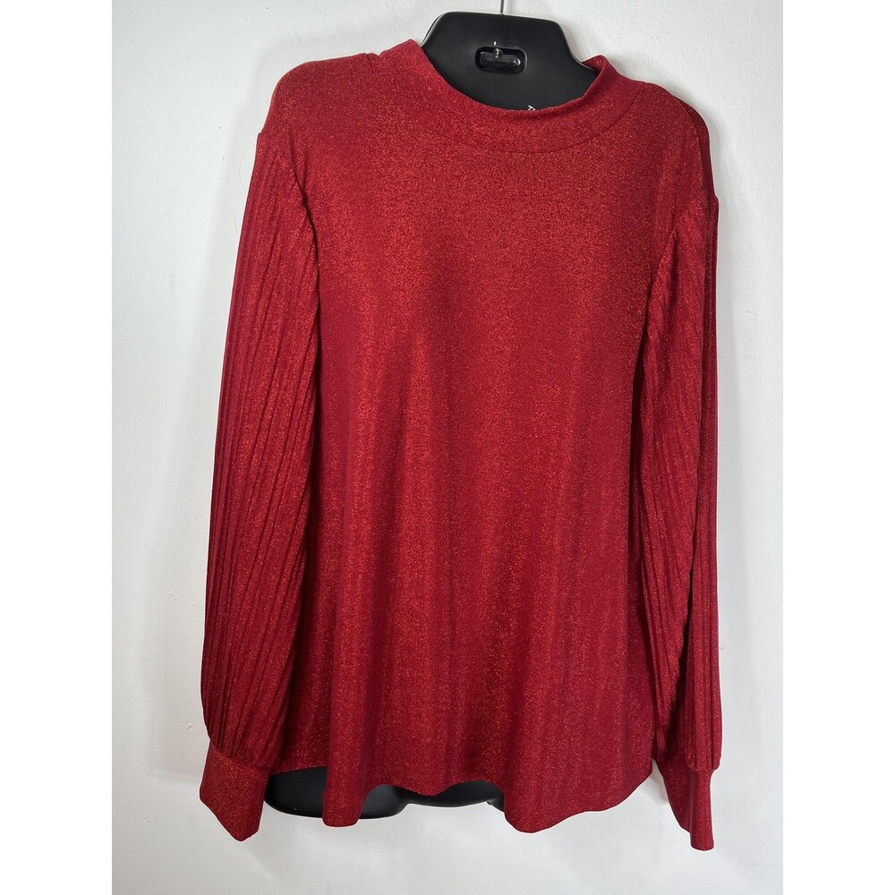 Chico's Blouse Womens 3 XL Red Metallic Mock Neck Pleated Balloon Sleeve Top